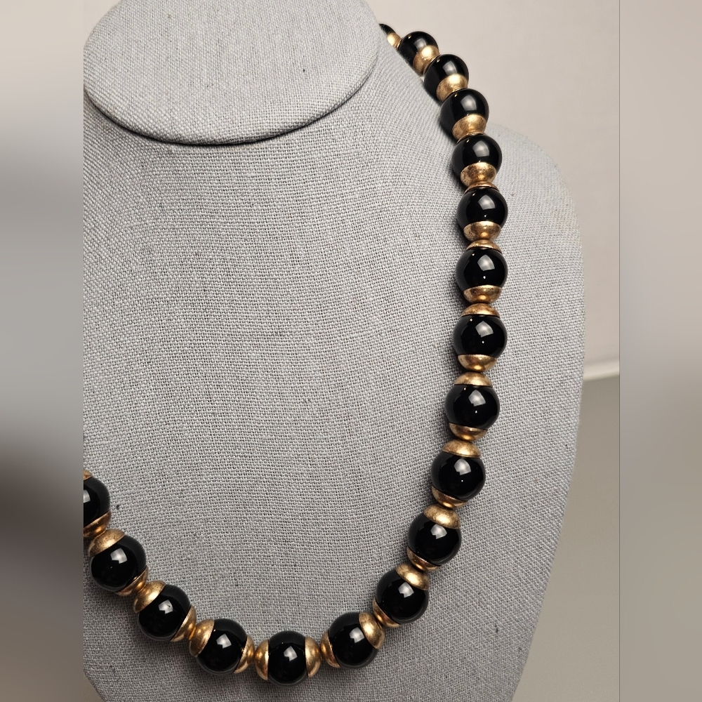 [J. CREW] Black & Gold ○● Beaded Statement Necklace with Cloth Tie - Picture 6 of 15